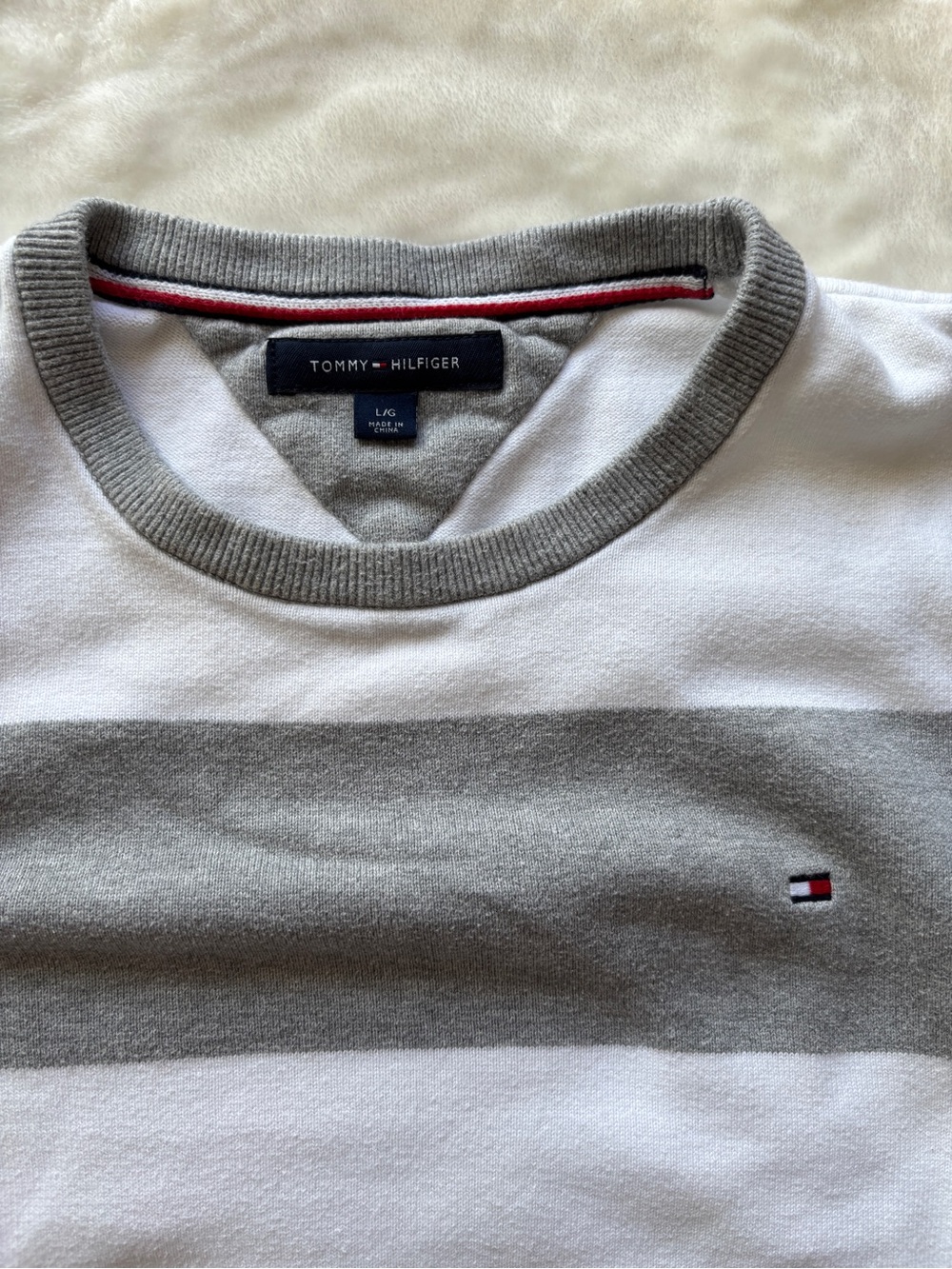 Tommy Hilfiger Gray & White Striped Crewneck Sweater